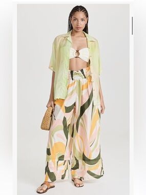 NWT Agua Bendita Tatum Wide Leg Pant: Olive & Mustard & Pink Sz L